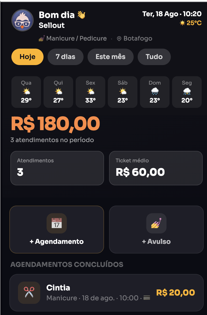 Tela do Sellout Serviços mostrando agenda e página pública
